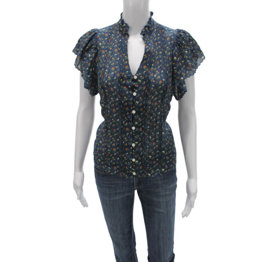 Birds of Paradis by Trovata Women Dark Blue Floral Button Up Blouse Size XS